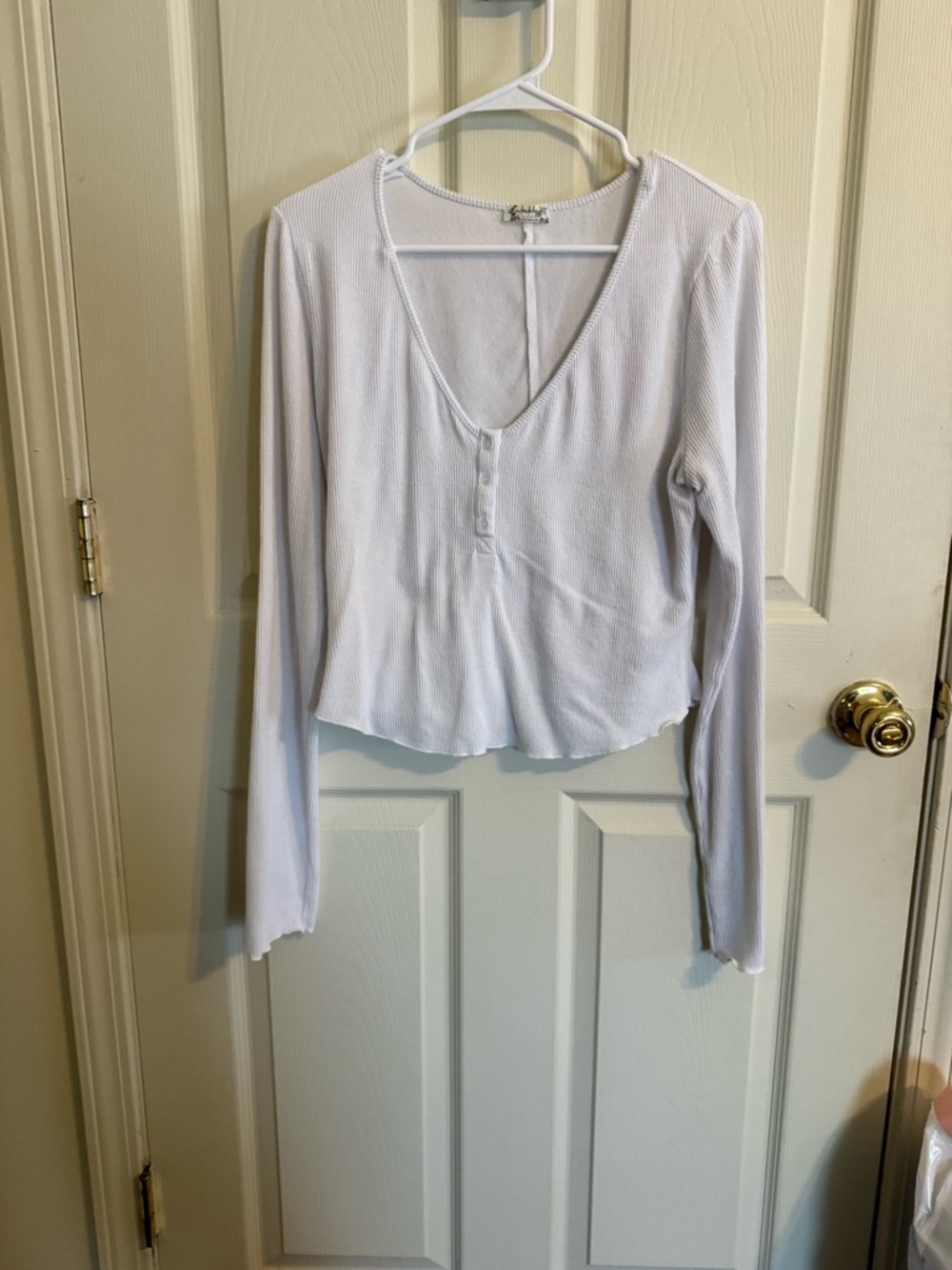 Free People White Ribbed V-Neck Henley Long Sleeve Crop Top